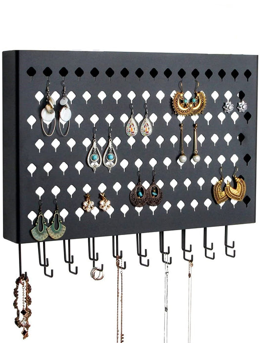 Wall Mount Earring Jewelry Hanger Organizer Holder with 109 Holes and 19 Hooks (Black)