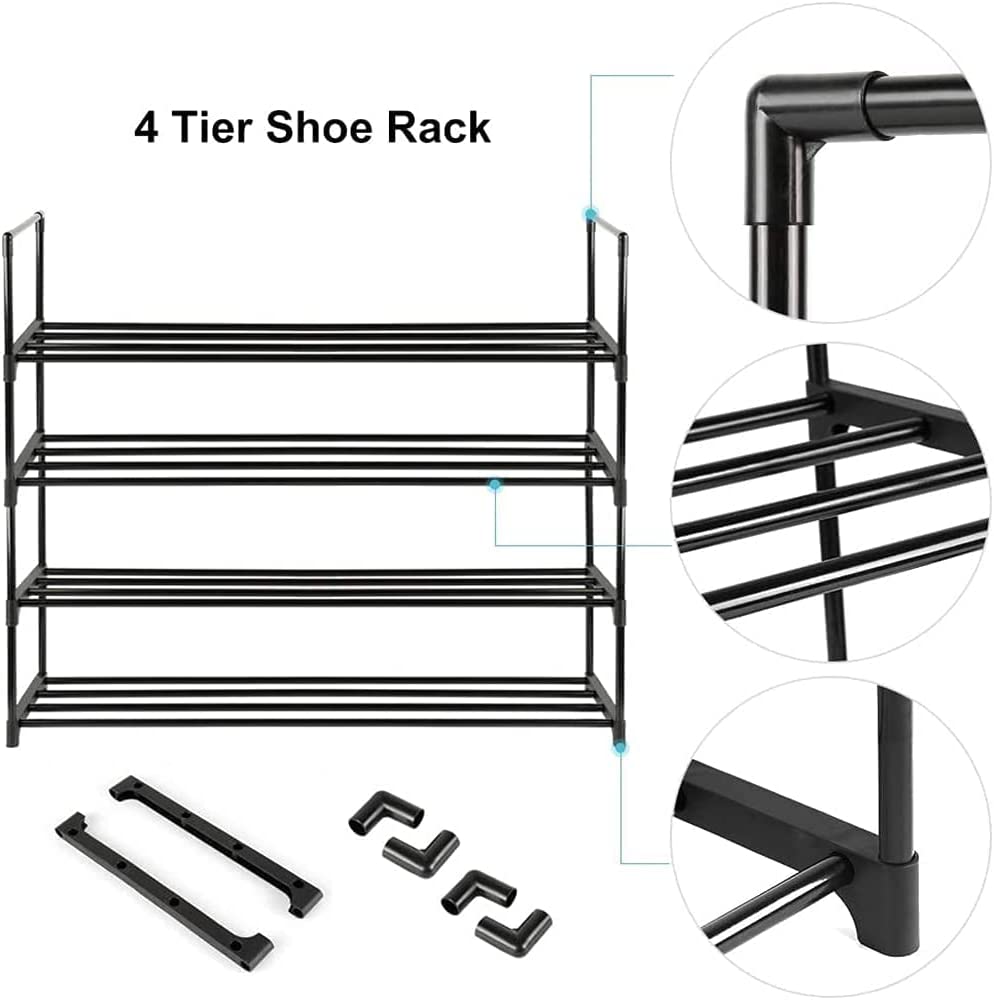 4-Tier Stainless Steel Shoe Rack Storage Organizer to Hold up to 15 Pairs of Shoes (55cm, Black)