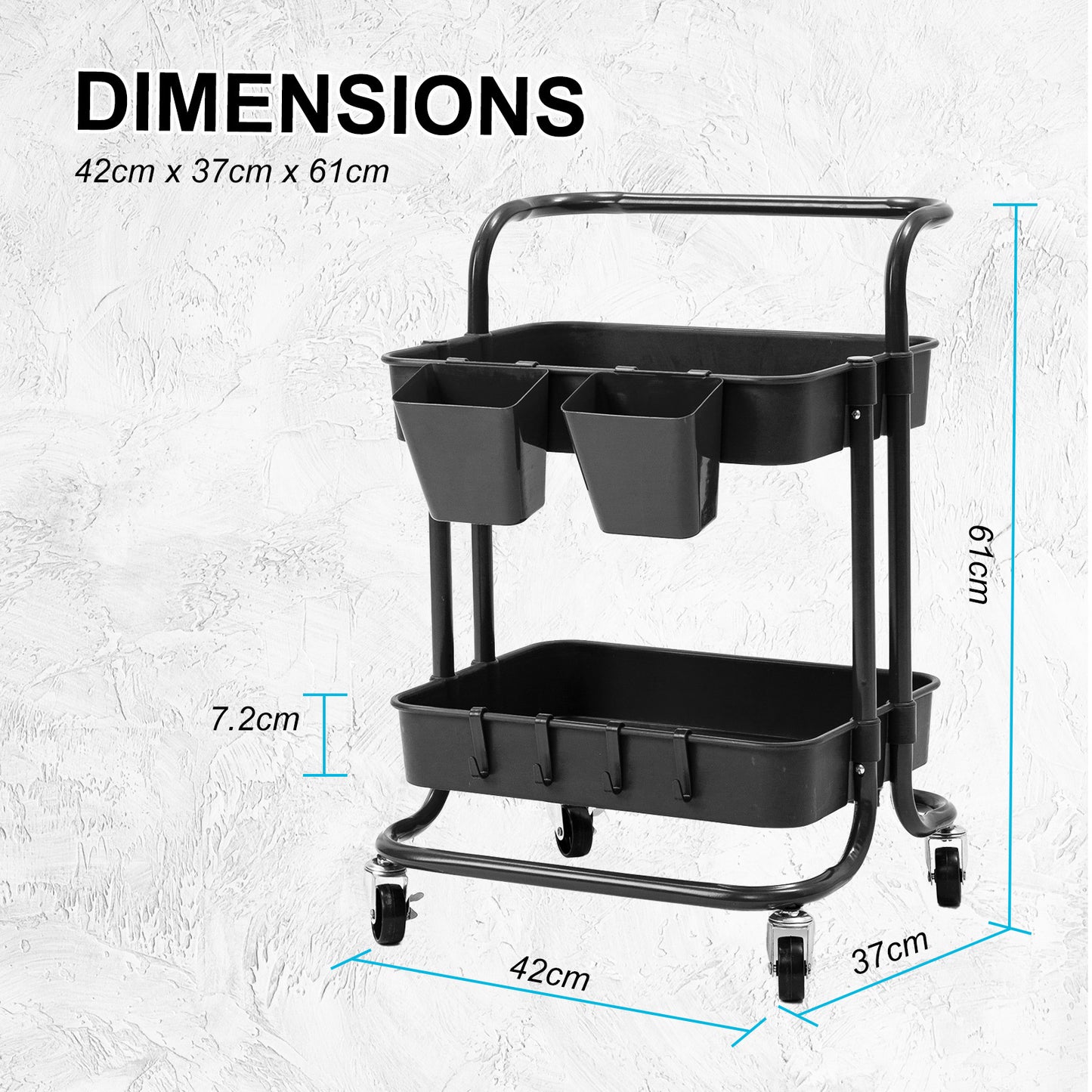 Kandoka 2 Tier Black Trolley Cart Storage Utility Rack Organiser Swivel Kitchen