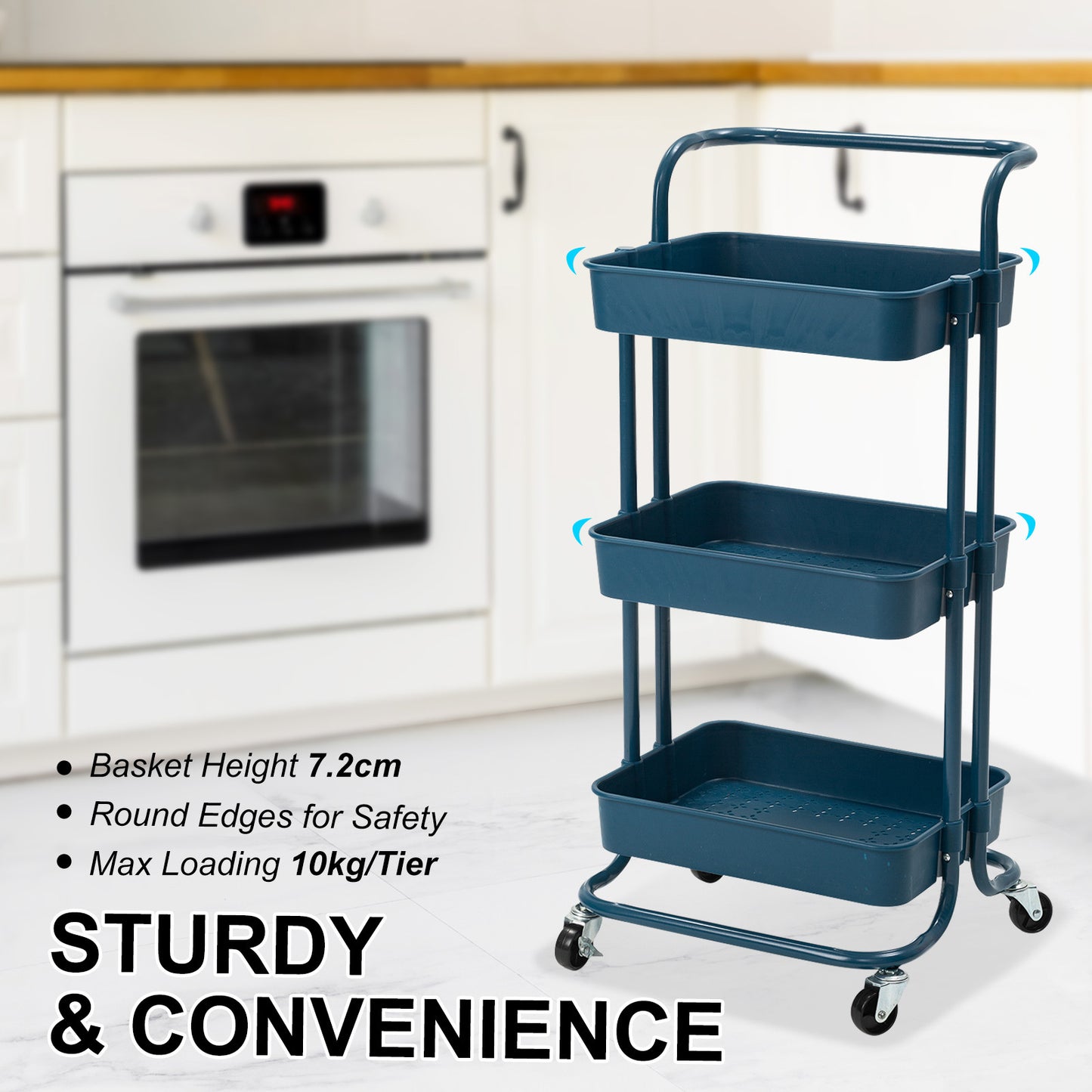 Kandoka 3 Tier Blue Trolley Cart Storage Utility Rack Organiser Swivel Kitchen