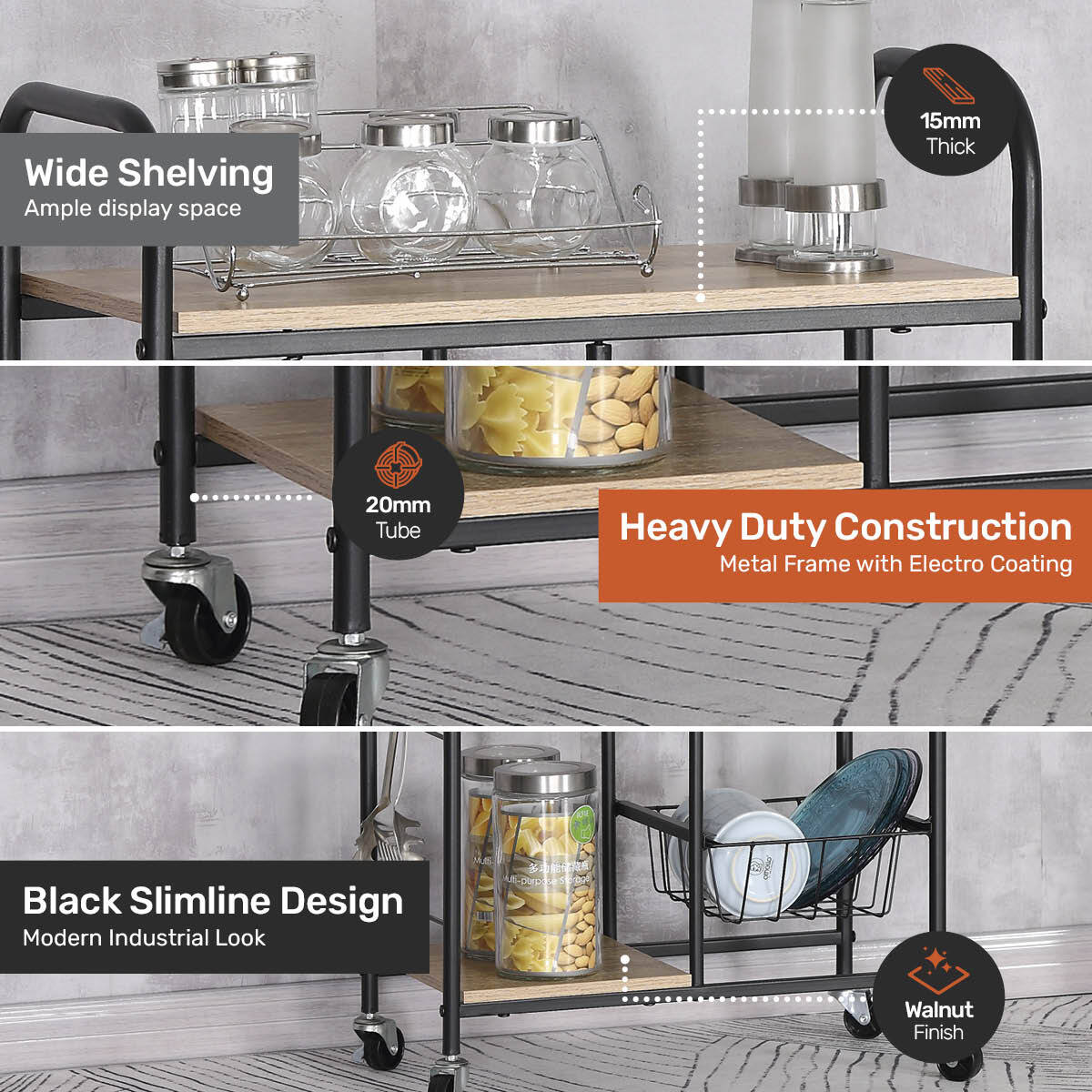 Home Master Kitchen Trolley 2 Tier Stylish Modern Industrial Design 85cm