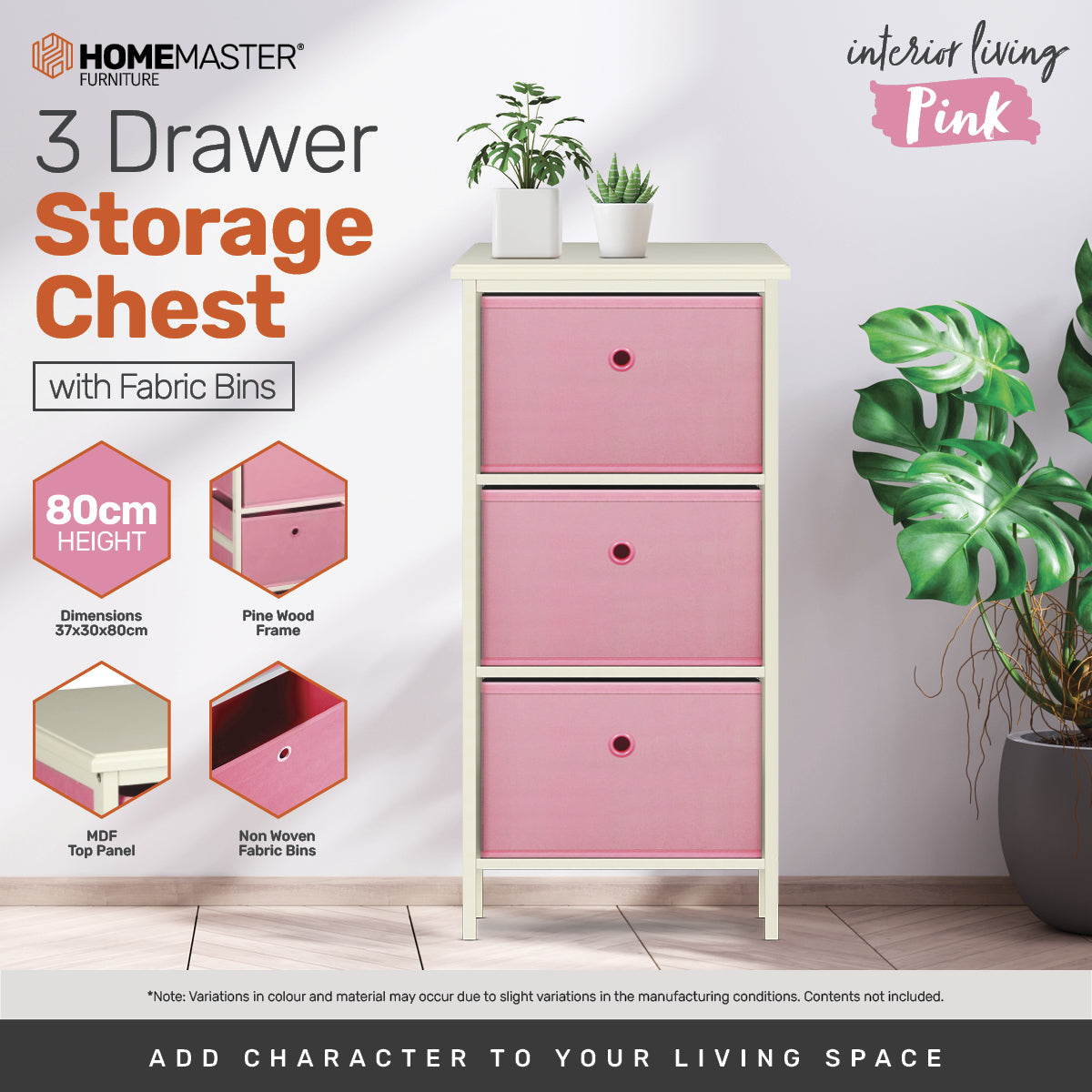 Home Master 3 Drawer Pine Wood Storage Chest Pink Fabric Baskets 70 x 80cm